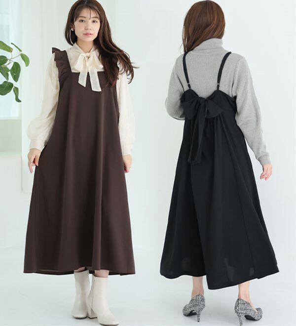 A HAPPY MARILYN（アハッピーマリリン）の「【Ｌ～６Ｌ】スポッと着られる！バックリボンｏｒ肩フリルから選べるバックデザインワンピ－ス（ジャンパースカート）」｜詳細画像