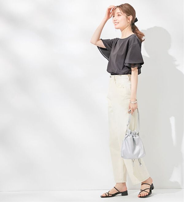 alotta（アロッタ）の「【接触冷感】シルケット素材袖シフォン使いトップス（カットソー）」｜チャコール