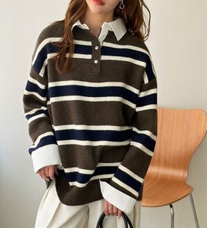 GeeRA（ジーラ）の「シャツドッキングフェイクレイヤードニット（ニット・セーター）」｜ブラウン系ボーダー
