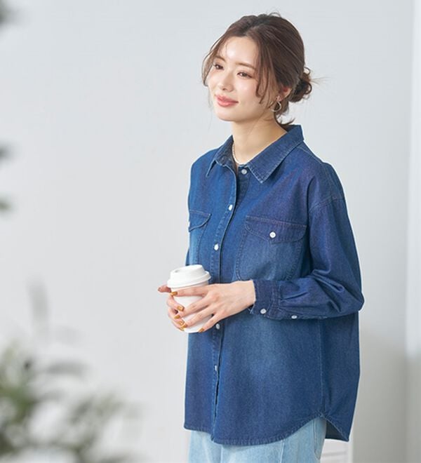 BELLUNA（ベルーナ）の「綿１００％ブラスト加工デニムシャツ（シャツ）」｜詳細画像