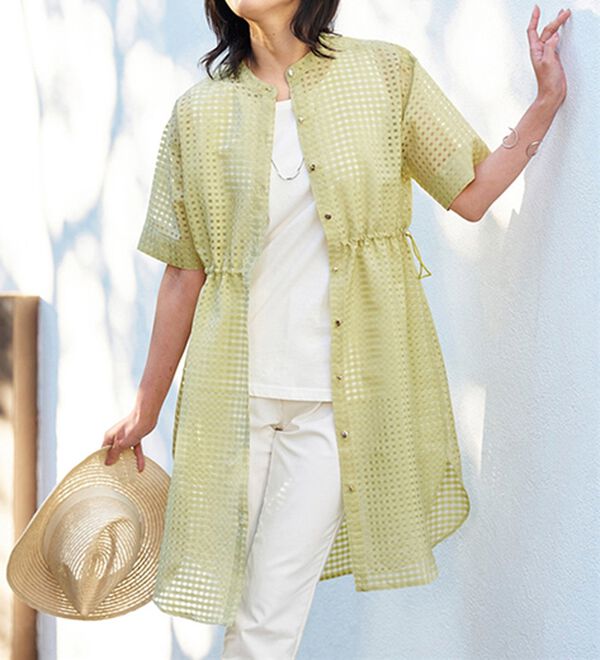 BELLUNA（ベルーナ）の「シアーチェック大人顔ロング丈シャツ（シャツワンピース）」｜詳細画像