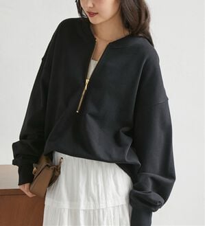 RANAN（ラナン）の「フロントハーフジップスウェット（カットソー）」｜ブラック