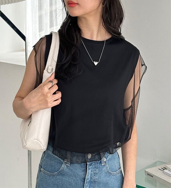 GeeRA（ジーラ）の「チュールカバーフレンチスリーブカットソー（カットソー）」｜詳細画像