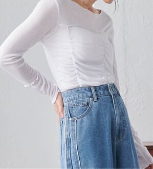 RANAN（ラナン）の「ギャザーデザインシアーTシャツ（Tシャツ）」｜ホワイト