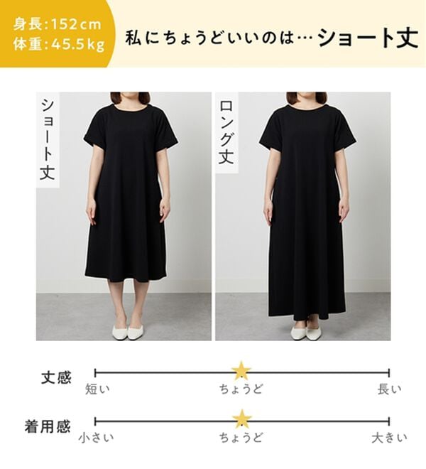 Viola e Viola（ヴィオラ エ ヴィオラ）の「ひんやり＆シワになりにくい　丈が選べる！エンボス素材Ａラインワンピース（カットソーワンピース）」｜詳細画像