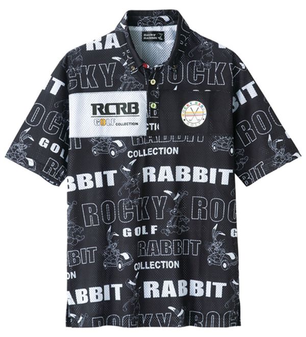 「＜ロッキーラビット＞総柄ビッグメッシュポロシャツ（メンズポロシャツ）」｜ブラック