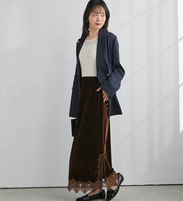 RANAN（ラナン）の「裾レースベロアナロースカート（ロングスカート）」｜ブラウン