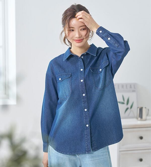 BELLUNA（ベルーナ）の「綿１００％ブラスト加工デニムシャツ（シャツ）」｜詳細画像