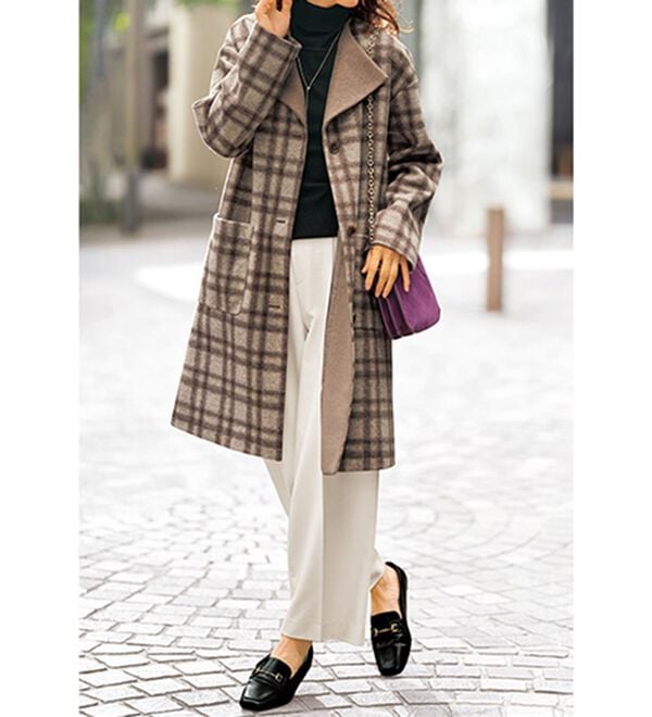 BELLUNA（ベルーナ）の「配色デザインウール調素材ノーカラーコート（ロングコート）」｜詳細画像