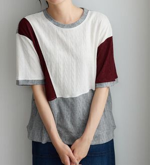 BELLUNA（ベルーナ）の「ミニケーブル柄パッチワーク風プルオーバー（カットソー）」｜ワイン系