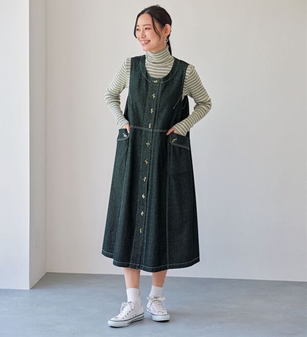 BELLUNA（ベルーナ）の「＜＆ｃｏｃｏｃｈｉ＞デニム素材ポケットデザインジャンパースカート（チュニックワンピース）」｜黒