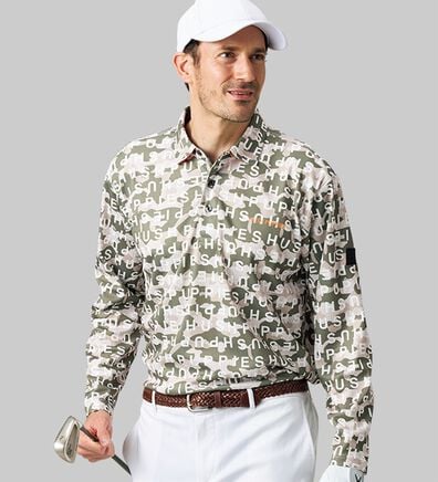 「＜ハッシュパピー・ゴルフ＞ドライタッチ総柄ポロシャツ（メンズポロシャツ）」