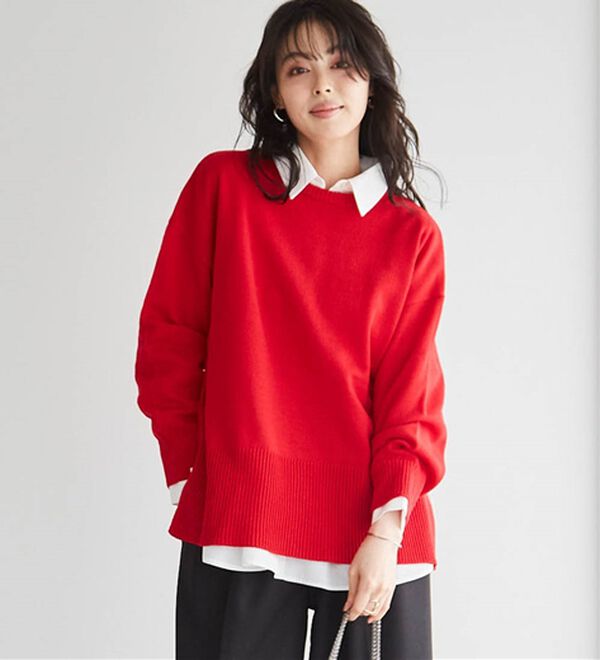 選べる衿】ワイドリブ使いカラーニットチュニック - ベルーナ