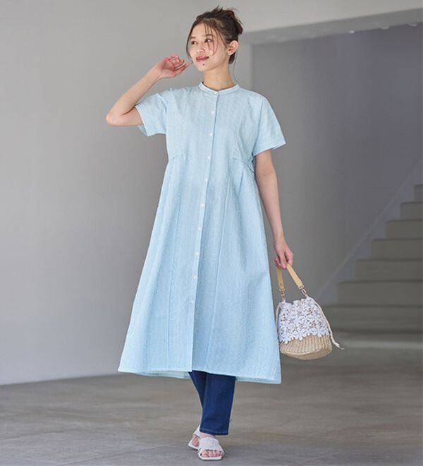AKRIS リネン混 ロング シャツワンピース IT42 ベルト付き マキシ丈 接触冷感】タック使いマキシ丈シャツワンピース - ベルーナ【公式】