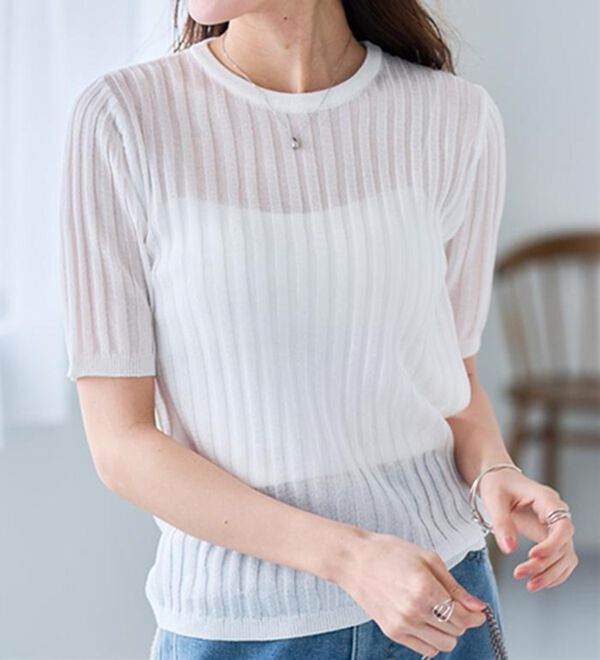 RANAN（ラナン）の「5分袖シアーラメリブニット（ニット・セーター）」｜詳細画像