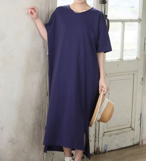 A HAPPY MARILYN（アハッピーマリリン）の「【Ｌ～１０Ｌ】選べる２丈！綿１００％ストンと楽ちん！着心地さらりゆるＴワンピース＆チュニック（チュニック）」｜ダークネイビー