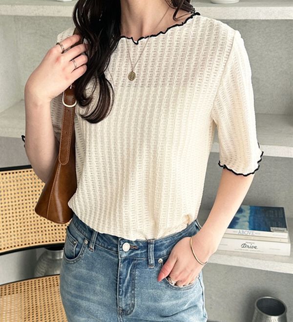 GeeRA（ジーラ）の「配色メロー５分袖表面感カットソー（カットソー）」｜詳細画像