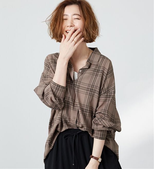 BELLUNA（ベルーナ）の「シアージョーゼット素材チェック柄シャツ（シャツ）」｜詳細画像