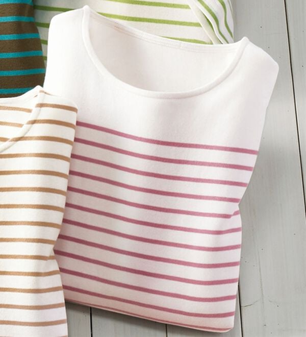 BELLUNA（ベルーナ）の「＜＆ｃｏｃｏｃｈｉ＞ハピネスコットン１００％なめらかボーダープルオーバー（カットソー）」｜白&times;ローズ