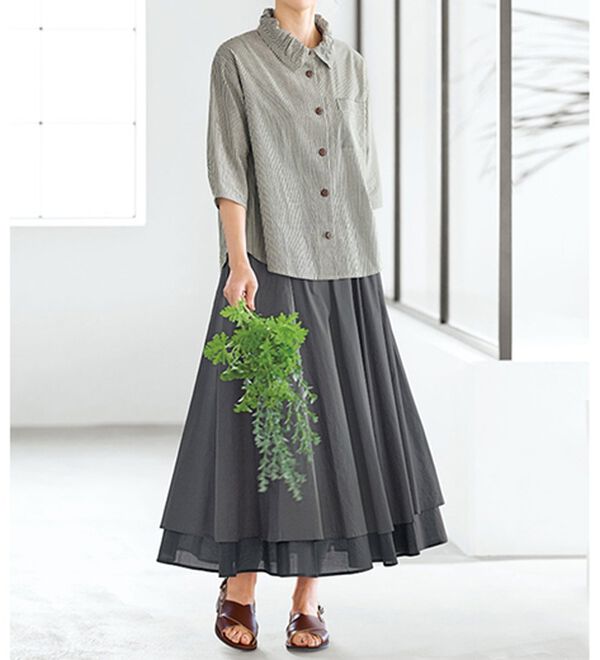 BELLUNA（ベルーナ）の「スカートに合わせるストライプギャザー衿ブラウス（シャツ）」｜詳細画像