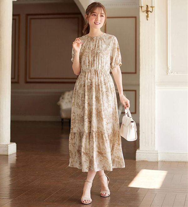alotta（アロッタ）の「線画タッチ花柄ギャザー切替ワンピース（プリントワンピース）」｜詳細画像