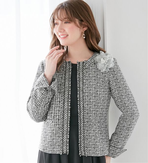 新品あり♡ビーミング ツイード ノーカラージャケット M〜L 卒業式 入学式 入学式卒業式に！フリンジ使いツイードノーカラージャケット＜M