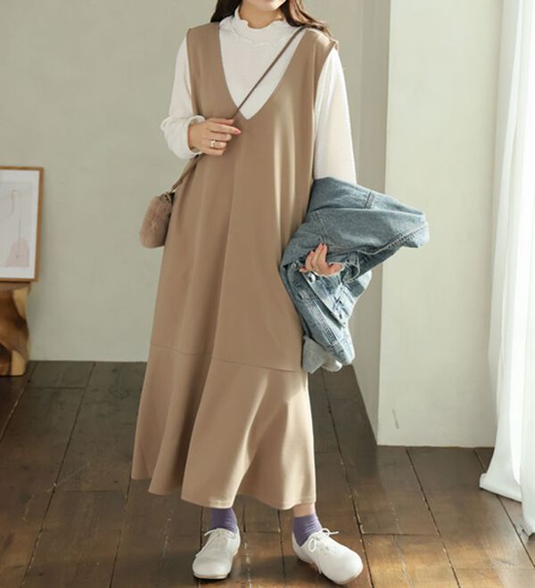 A HAPPY MARILYN（アハッピーマリリン）の「【Ｌ～８Ｌ】選べる丈！リブトップス&times;マーメイドジャンスカ２点セット（アンサンブル）」｜ベージュ