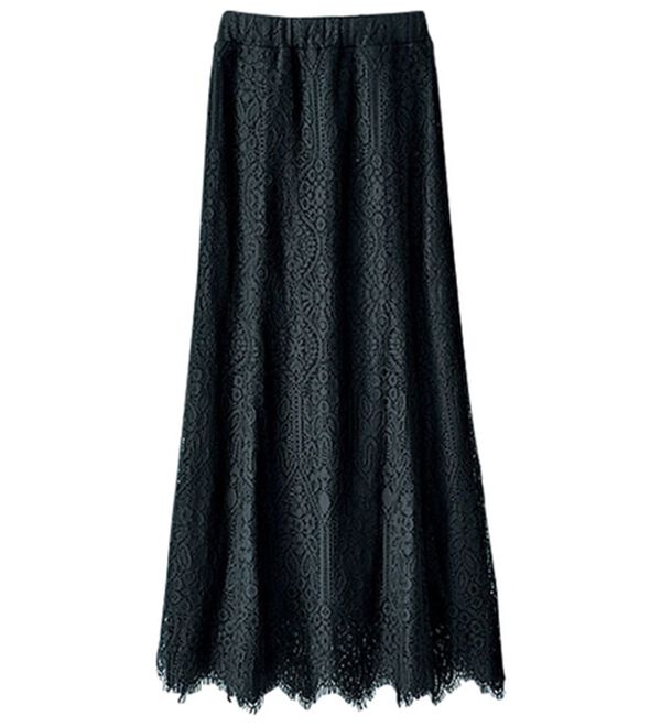 BELLUNA（ベルーナ）の「パネル柄レース素材セミフレアースカート（ロングスカート）」｜黒