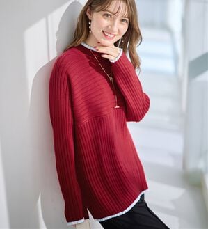 alotta（アロッタ）の「パチパチしにくい！洗えるリブ切替配色ニットプルオーバー（ニット・セーター）」｜レッド