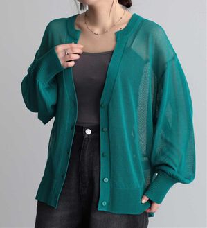 RANAN（ラナン）の「ひんやり！シアーニットキーネックカーディガン（ニットカーディガン）」｜ブルーグリーン