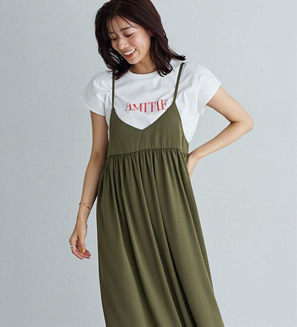 Pierrot（ピエロ）の「【選べる丈】前後２ｗａｙギャザー切り替えキャミワンピース（カットソーワンピース）」｜詳細画像