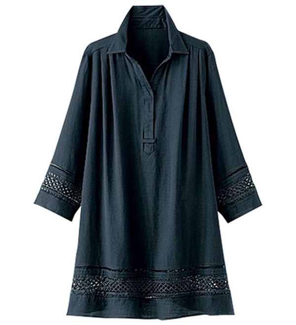 BELLUNA（ベルーナ）の「袖＆裾レース使いシャツチュニック（チュニック）」｜ネイビー