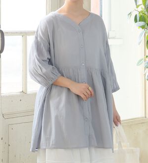 A HAPPY MARILYN（アハッピーマリリン）の「【Ｌ～６Ｌ】【風通るプレミアム】綿・楊柳、七分袖ウエストギャザーブラウス。（ブラウス）」｜グレー