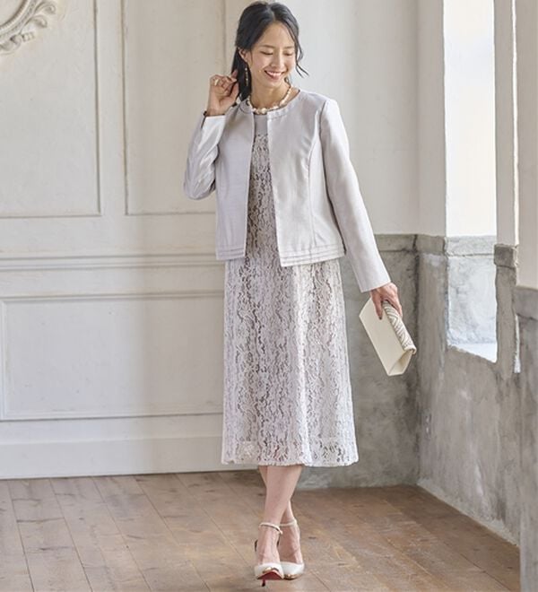 BELLUNA（ベルーナ）の「シャンタン素材ノーカラージャケットレースワンピースアンサンブル（ワンピースセットスーツ）」｜詳細画像