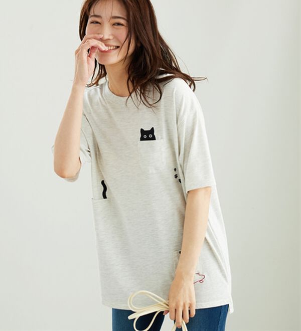 BELLUNA（ベルーナ）の「ネコ刺しゅうビッグプルオーバー（カットソー）」｜詳細画像