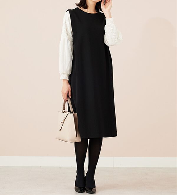 BELLUNA（ベルーナ）の「【新色追加】袖レース切替デザインきれい見えワンピース（その他ワンピース）」｜黒系