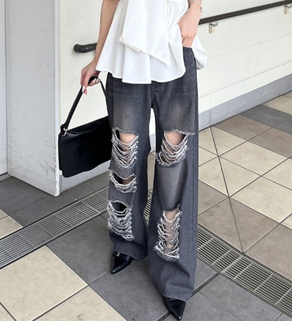 GeeRA（ジーラ）の「オリジナルパットダメージワイドデニム（ワイドパンツ・ガウチョ）」｜詳細画像