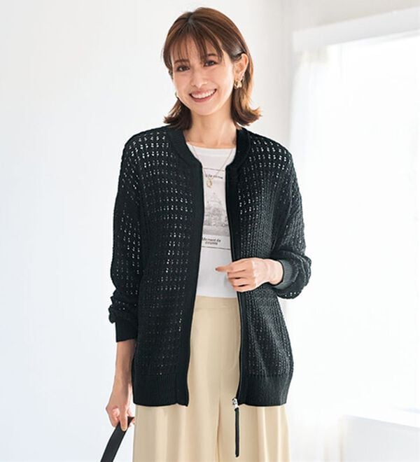 BELLUNA（ベルーナ）の「透かし柄ニットジップブルゾン（ニットカーディガン）」｜黒