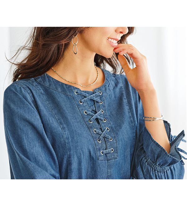 BELLUNA（ベルーナ）の「胸元レースアップデニムワンピース（その他ワンピース）」｜詳細画像