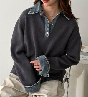 GeeRA（ジーラ）の「デニム切替フェイクレイヤードポロニット（ニット・セーター）」｜詳細画像