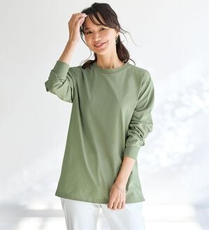 BELLUNA（ベルーナ）の「夏でも着られる強撚綿１００％長袖プルオーバー（カットソー）」｜カーキ