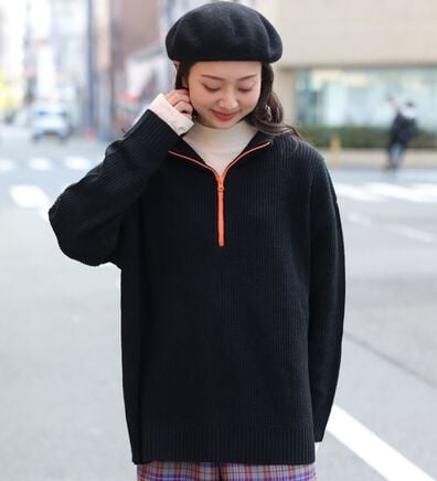 「【Ｌ～６Ｌ】配色＆同色ファスナーから選べる 畦編みハーフジップニット（ニット・セーター）」