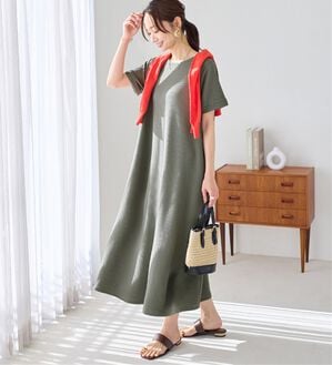 「ひんやり＆シワになりにくい　丈が選べる！エンボス素材Ａラインワンピース（カットソーワンピース）」｜オリーブ