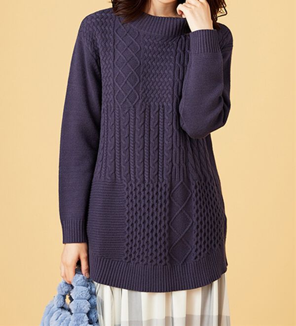 BELLUNA（ベルーナ）の「パッチワーク調ケーブルニットチュニック（チュニック）」｜詳細画像