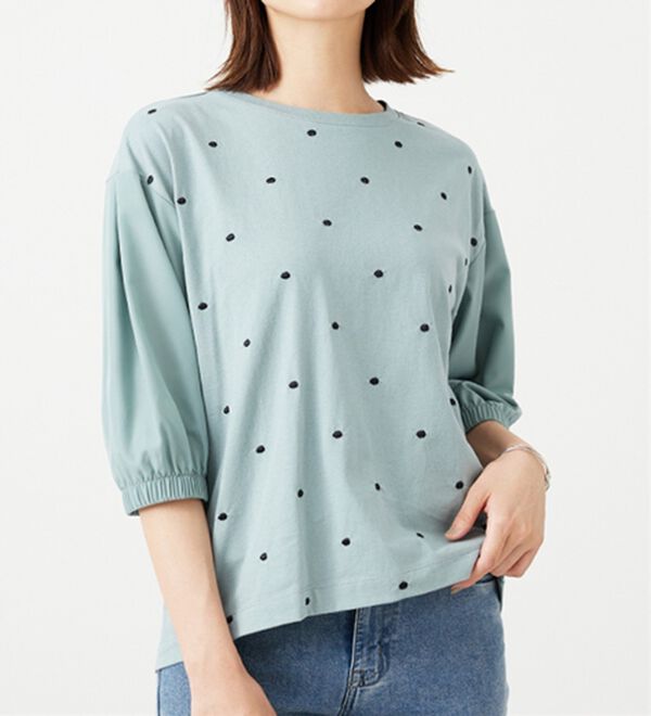 BELLUNA（ベルーナ）の「ドット刺しゅうデザイン袖切替プルオーバー（カットソー）」｜セージ
