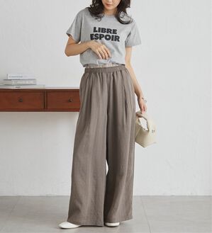 RANAN（ラナン）の「ダブルウエストシアーイージーパンツ（ワイドパンツ・ガウチョ）」｜ブラウンストライプ