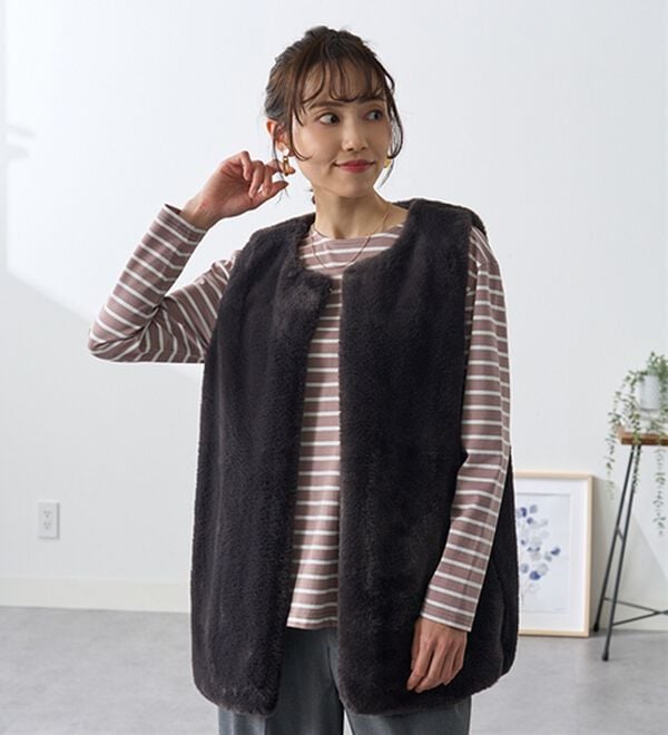 BELLUNA（ベルーナ）の「＜＆ｃｏｃｏｃｈｉ＞ハピネスコットン１００％しっかりボーダープルオーバー（カットソー）」｜ローズグレー&times;オフ白