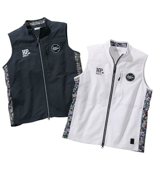 「＜ハッシュパピー・ゴルフ＞異素材切替ストレッチ総柄ベスト（メンズベスト）」｜詳細画像