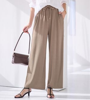 alotta（アロッタ）の「【選べる丈】のびのびストレッチリブワイドパンツ（クロップドパンツ）」｜モカ フルレングス丈