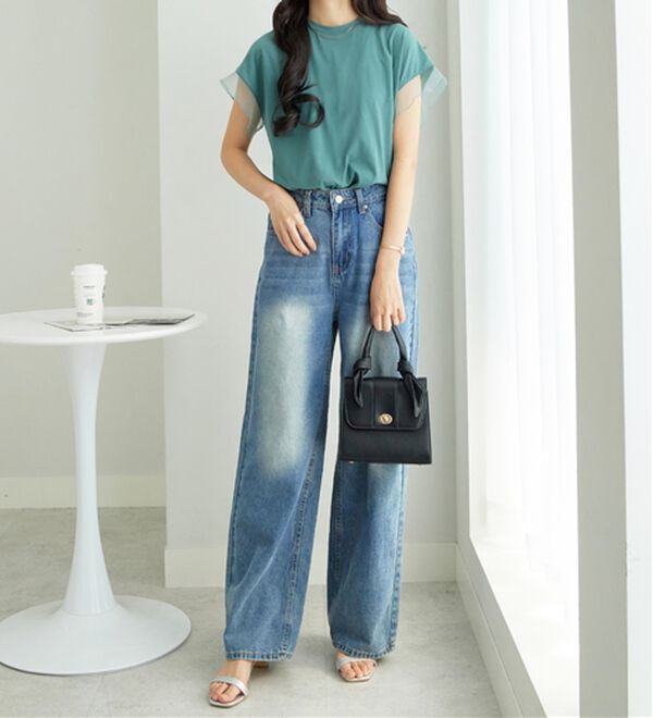 alotta（アロッタ）の「１枚でこなれ感！袖チュールデザイン綿混Ｔシャツ（Tシャツ）」｜詳細画像